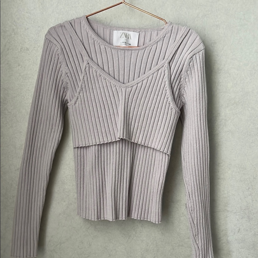 Zara girls lavender Gray Ribbed Knit double layer vest long sleeve Top Sz 9/10